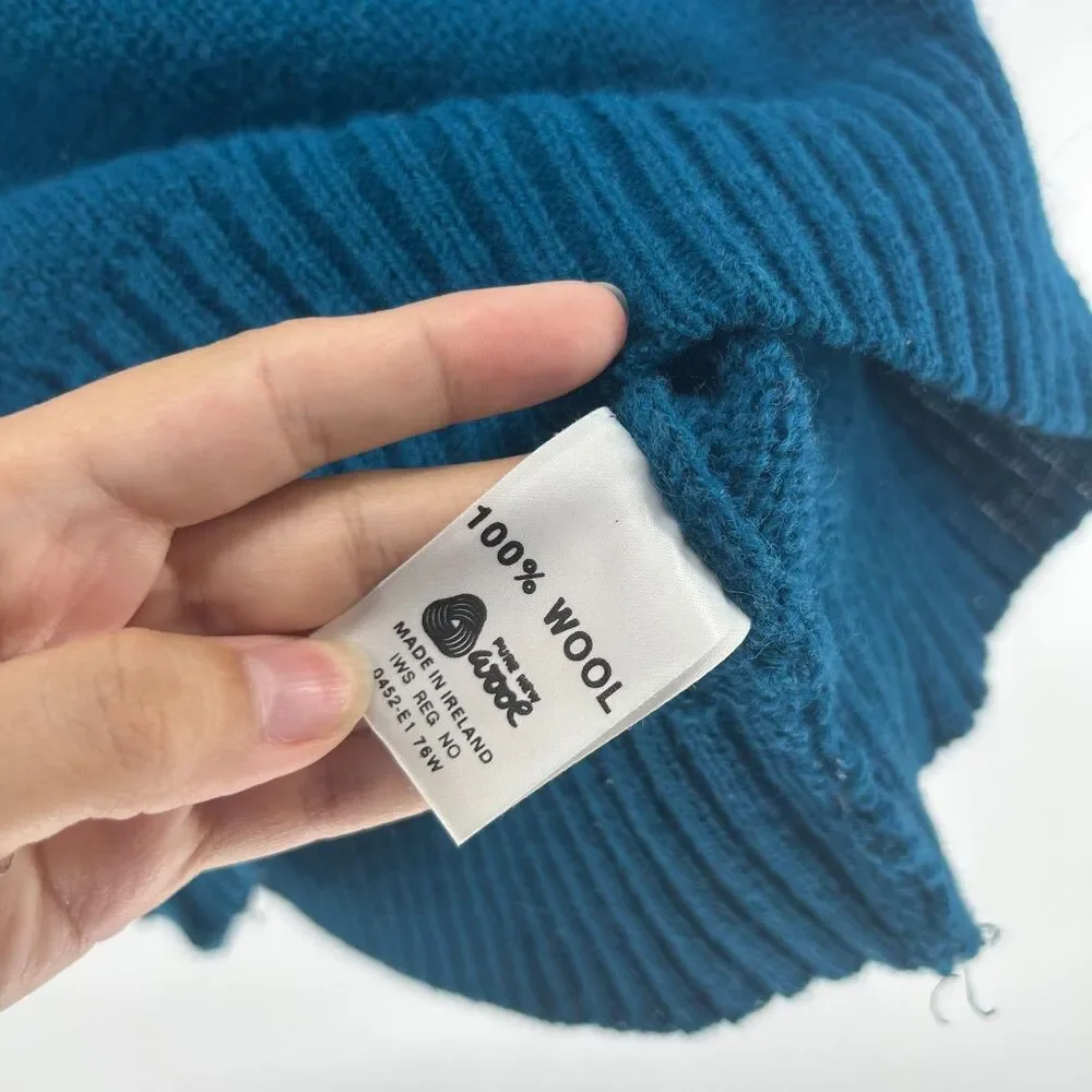 Vintage LL Bean Wool Fisherman Sweater Teal Pullover Made In Ireland Chunky